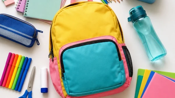 Back-to-school essentials checklist for kids with backpack, lunch box, stationery, notebooks, and school supplies