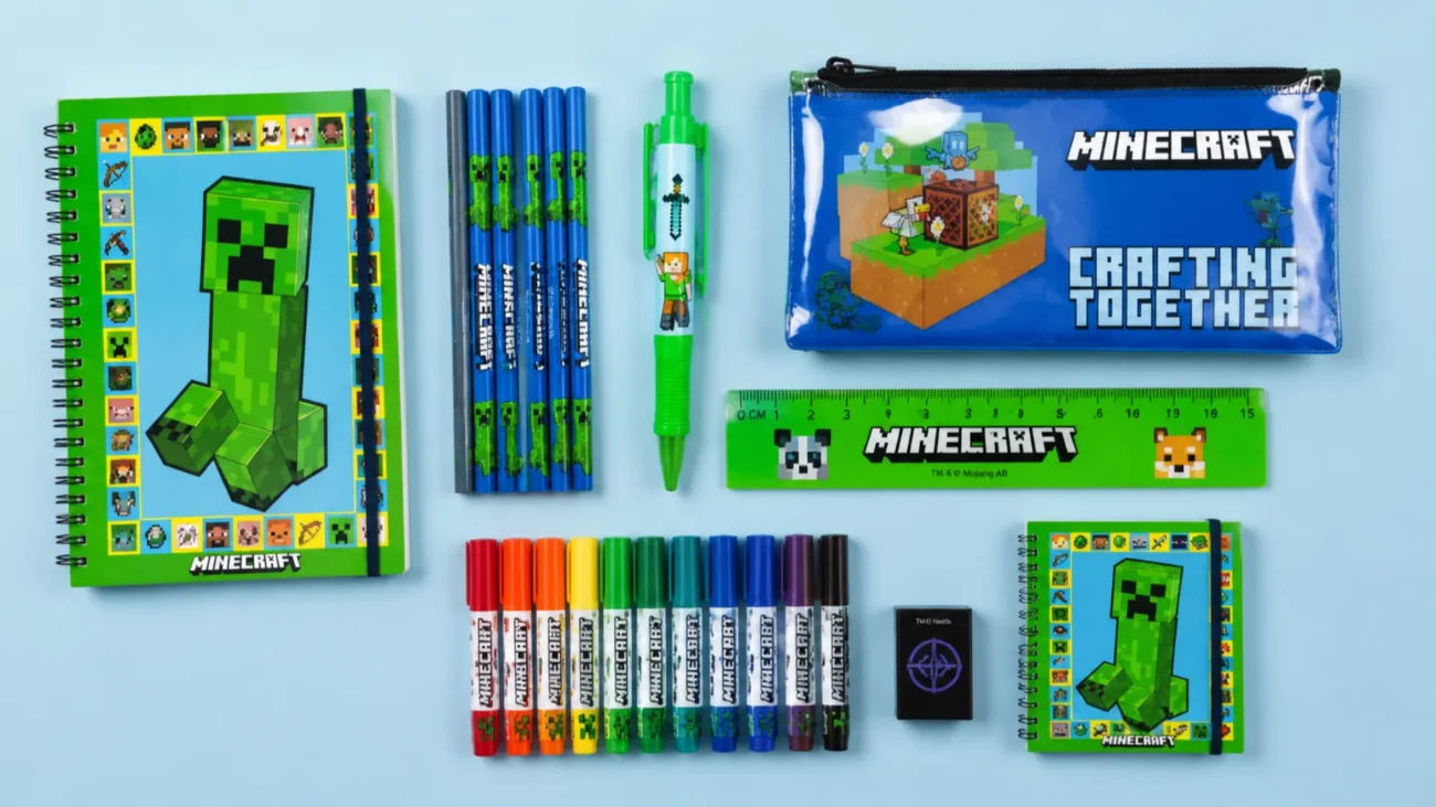 Ultimate Guide to Choosing Kids Stationery for School A professional flat lay of essential kids stationery supplies including spiral notebooks, colorful wooden pencils, dust-free erasers, washable markers, and a shatterproof ruler on a pastel blue desk.