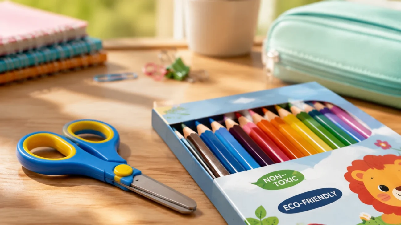 Ultimate Guide to Choosing Kids Stationery for School Close-up macro shot of eco-friendly and safe school stationery with prominent BPA-free and non-toxic indicators printed on the packaging.
