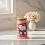 Sanrio Hello Kitty Glass Tumbler with Bamboo Lid and Glass Straw - Image 5