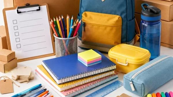 school supplies supplier displaying wholesale stationery supplies, backpack, lunch box, water bottle, notebooks, and pencil case