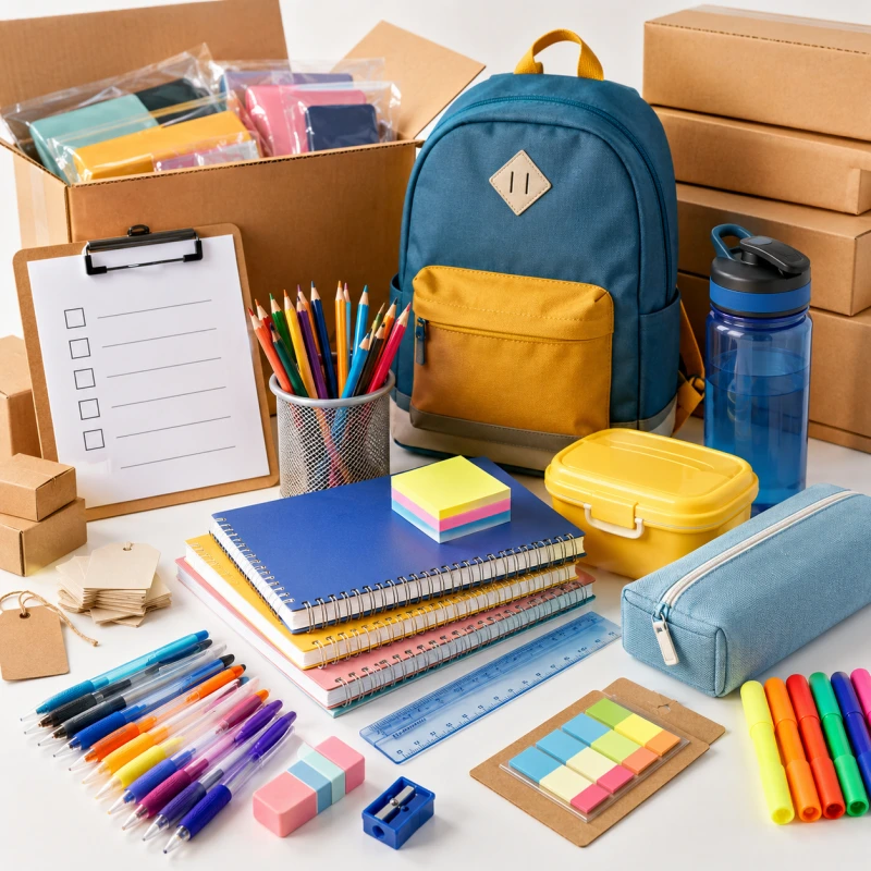 How to Choose the Right School Supplies Supplier for Wholesale Buyers school supplies supplier displaying wholesale stationery supplies, backpack, lunch box, water bottle, notebooks, and pencil case