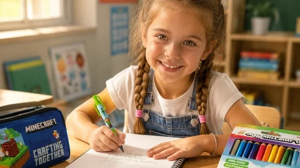 A smiling young girl writing in a notebook at her classroom desk, surrounded by colorful school stationery including pencils, ruler, eraser, and pencil case in a bright, sunlit learning environment.