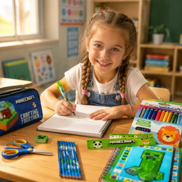 A smiling young girl writing in a notebook at her classroom desk, surrounded by colorful school stationery including pencils, ruler, eraser, and pencil case in a bright, sunlit learning environment.