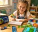 A smiling young girl writing in a notebook at her classroom desk, surrounded by colorful school stationery including pencils, ruler, eraser, and pencil case in a bright, sunlit learning environment.