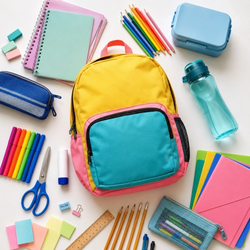 Back-to-school essentials checklist for kids with backpack, lunch box, stationery, notebooks, and school supplies