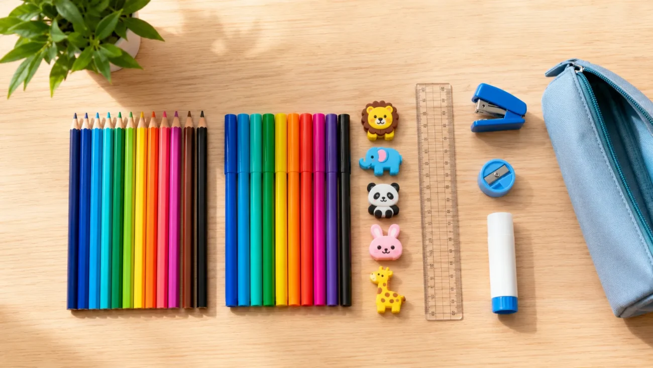 Back-to-School Essentials: The Complete Checklist for Kids Assorted kids stationery with pencils, markers, erasers, ruler, stapler, and pencil case on a table