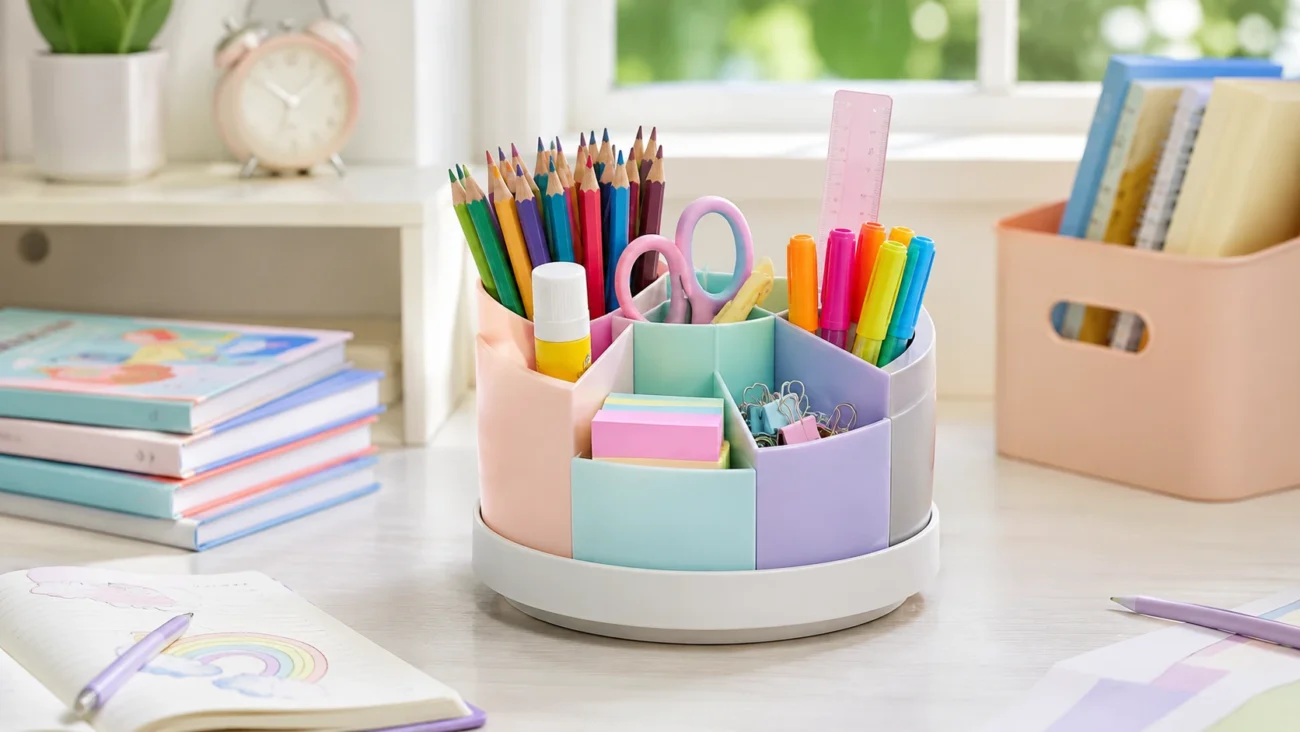 Back-to-School Essentials: The Complete Checklist for Kids Colorful desk organizer with compartments holding pencils, scissors, sticky notes, glue, and paper clips