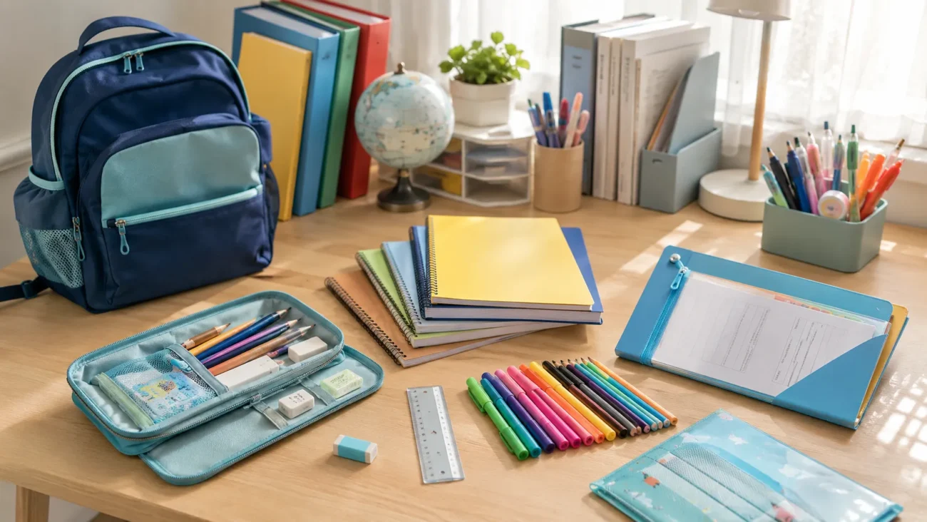 School Supplies List by Grade: Preschool, Kindergarten, Elementary School, and Middle School Elementary school supplies with backpack, notebooks, pencil case, folders, ruler, and desk organizer