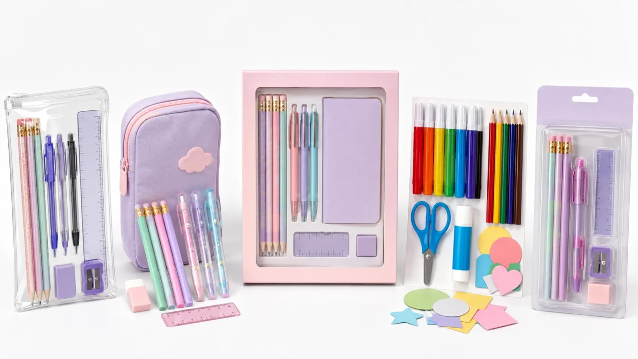 Basic school, cute themed, gift, creative activity, and retail-ready stationery sets displayed together.