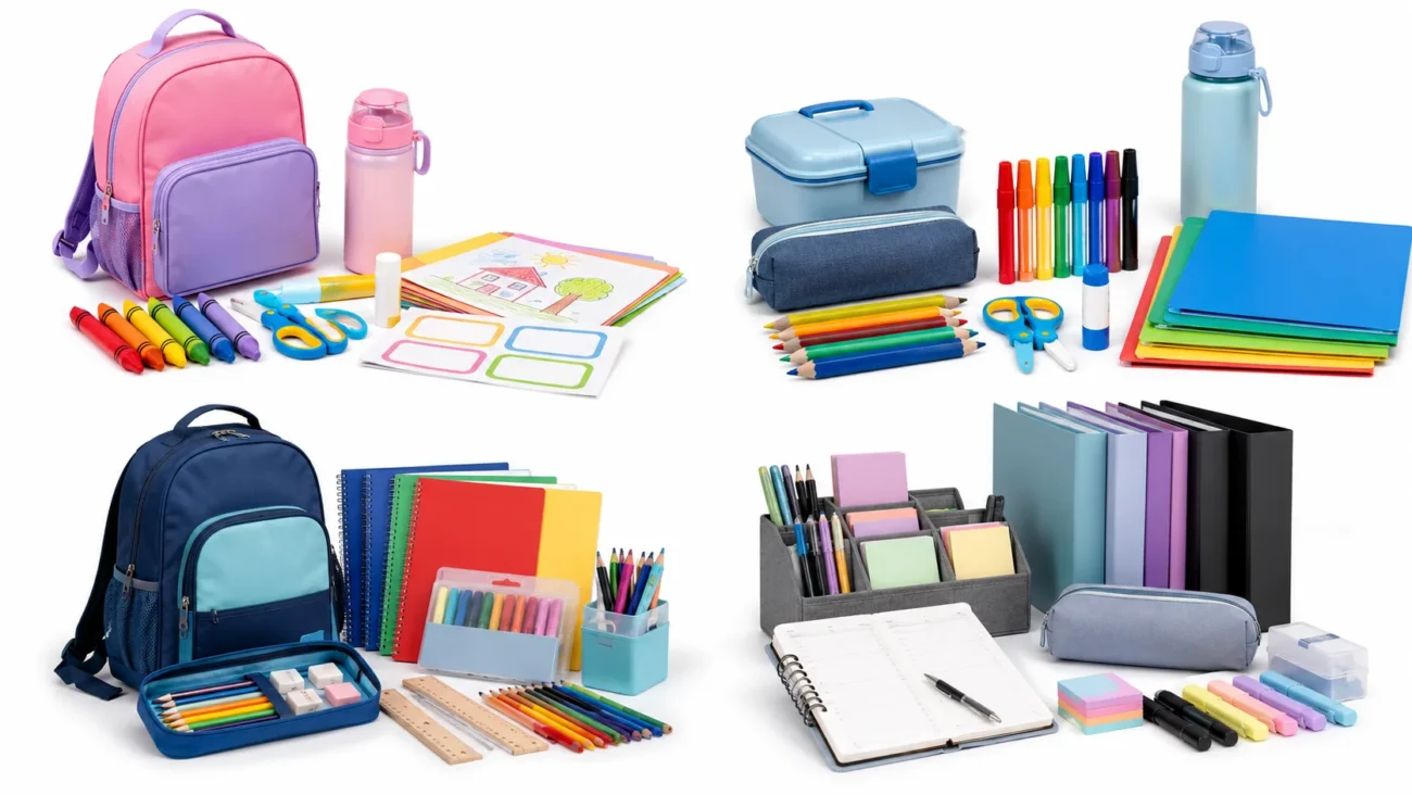 School Supplies List by Grade: Preschool, Kindergarten, Elementary School, and Middle School Four grade-based school supply bundles for preschool, kindergarten, elementary school, and middle school retail displays