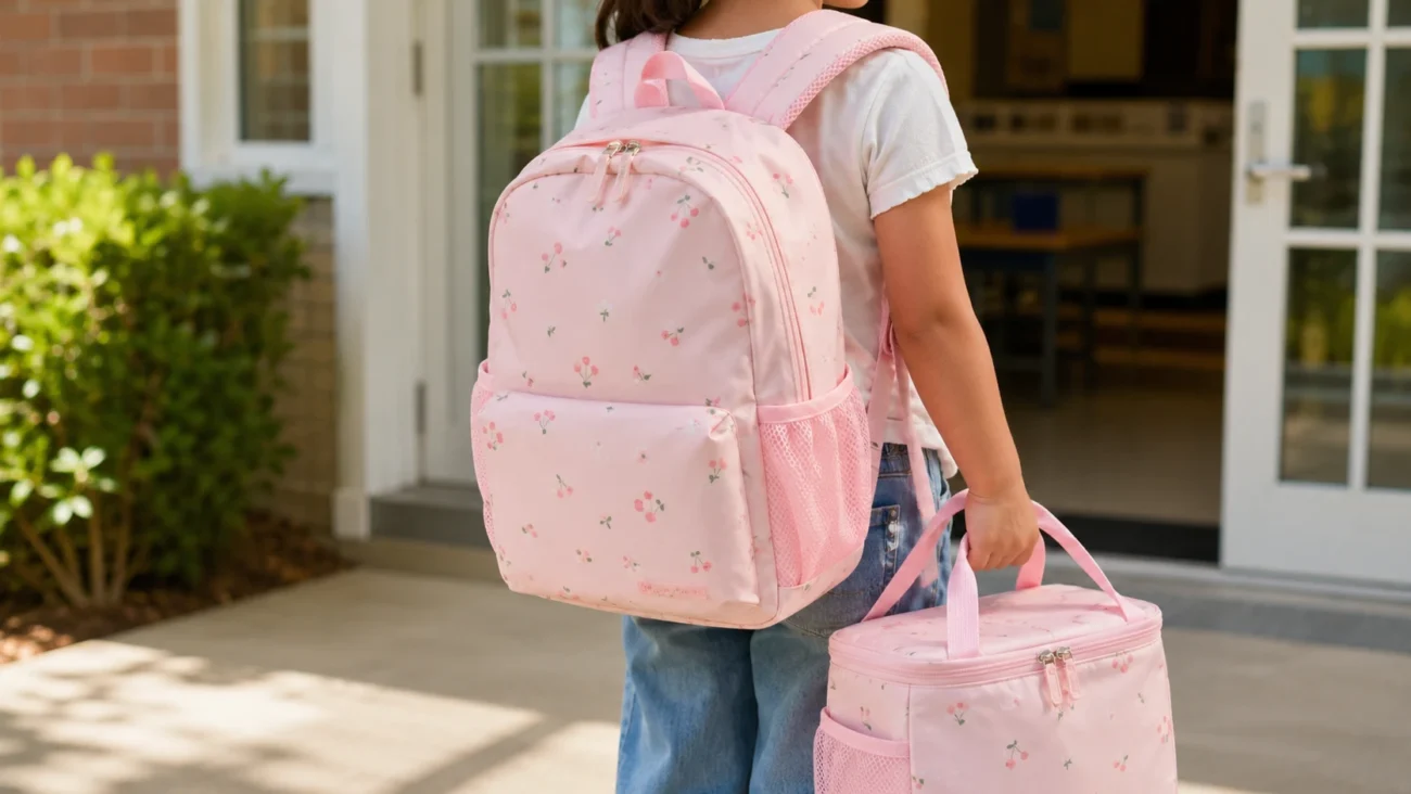 Back-to-School Essentials: The Complete Checklist for Kids Child wearing a lightweight school backpack and carrying a matching lunch bag for back-to-school