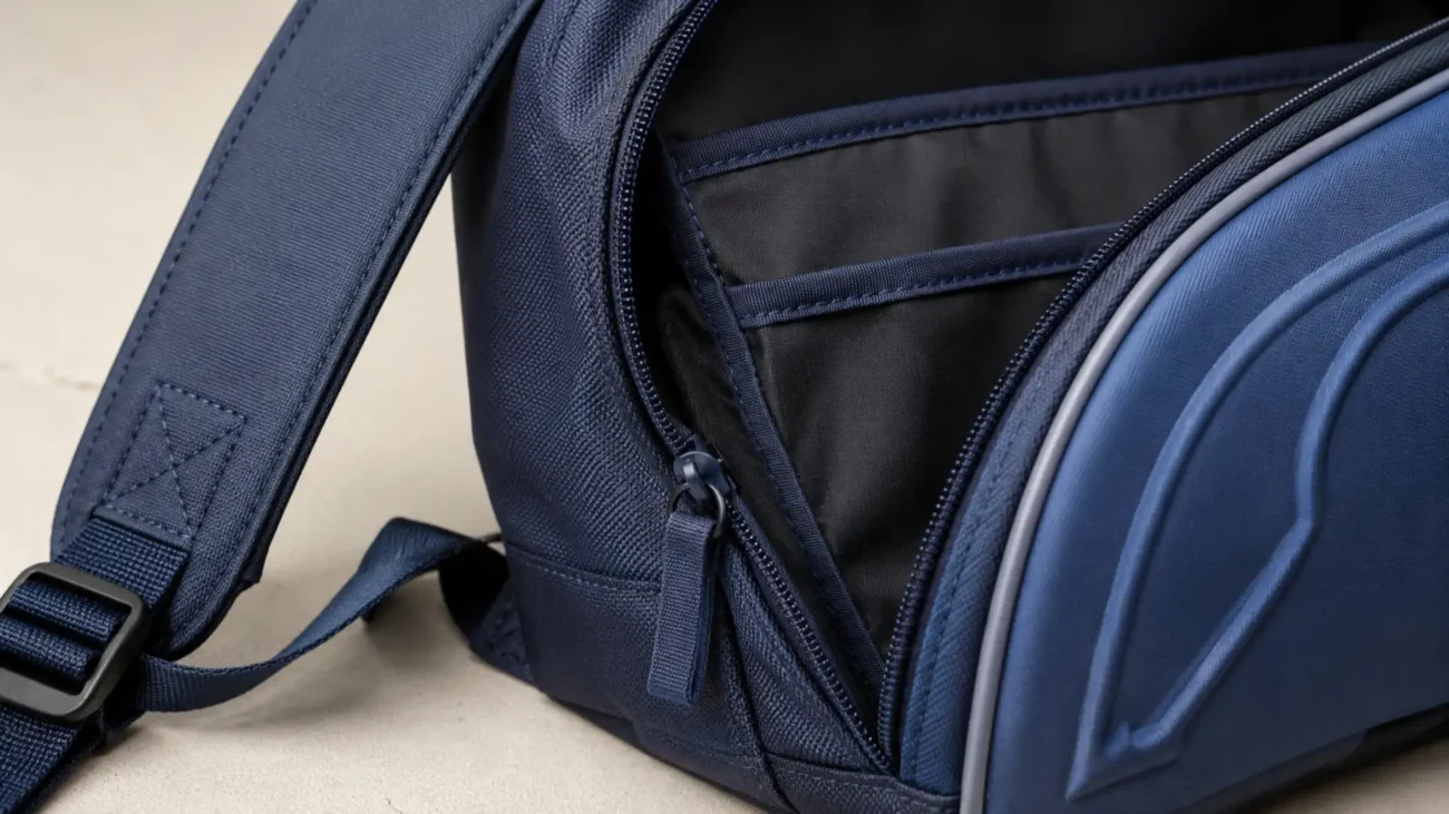 Close view of Oxford fabric, lining, zipper tape, webbing, and reinforced stitching on a kids backpack.