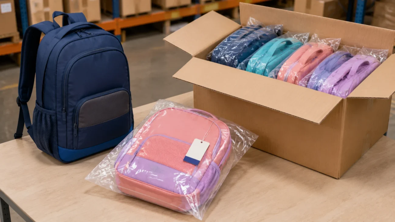 Kids backpacks shown in fitted polybags with hangtags and arranged inside a wholesale shipping carton.