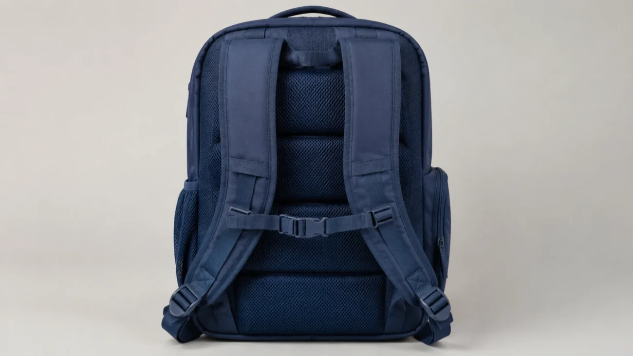 Wide padded shoulder straps, adjustable webbing, chest strap, reinforced handle, and mesh back panel on a kids backpack.