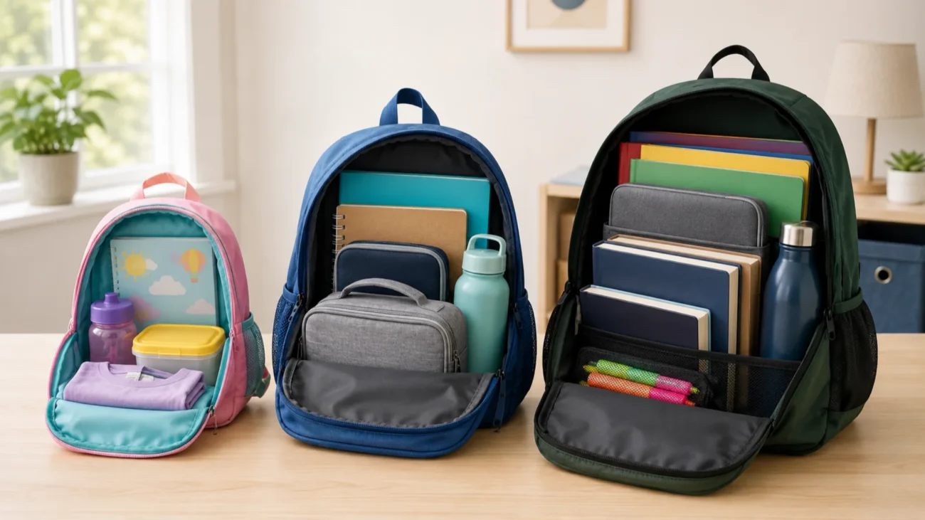 Preschool, elementary, and older-student backpacks shown open beside age-appropriate school supplies.