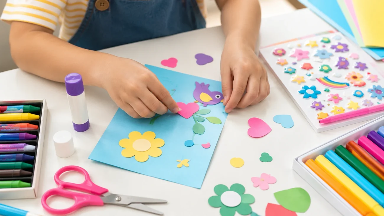 Back-to-School Essentials: The Complete Checklist for Kids Children's hands doing a craft project with paper, glue, crayons, stickers, and safety scissors