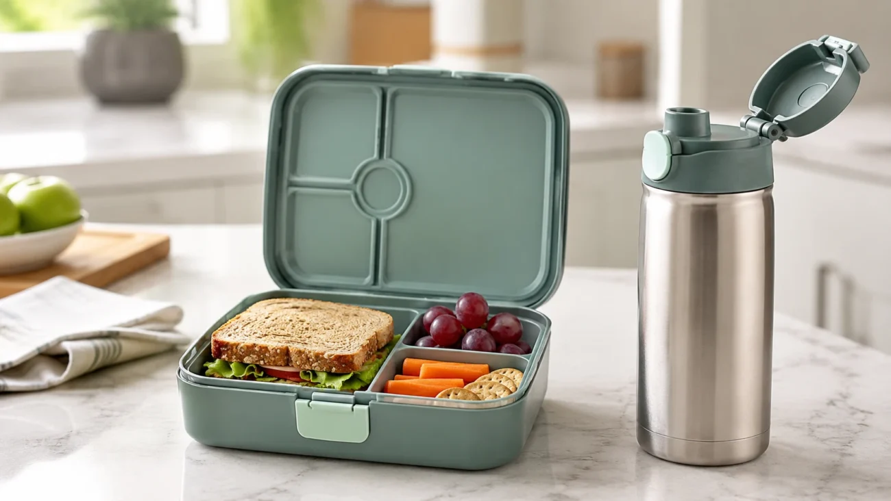Back-to-School Essentials: The Complete Checklist for Kids Open kids lunch box with sandwiches, fruits, vegetables, and a water bottle for school meals