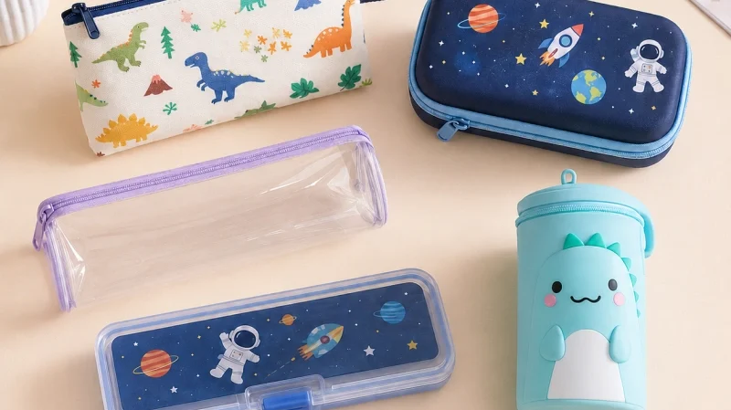 Fabric, EVA, silicone, plastic, and transparent kids pencil cases arranged with school stationery.