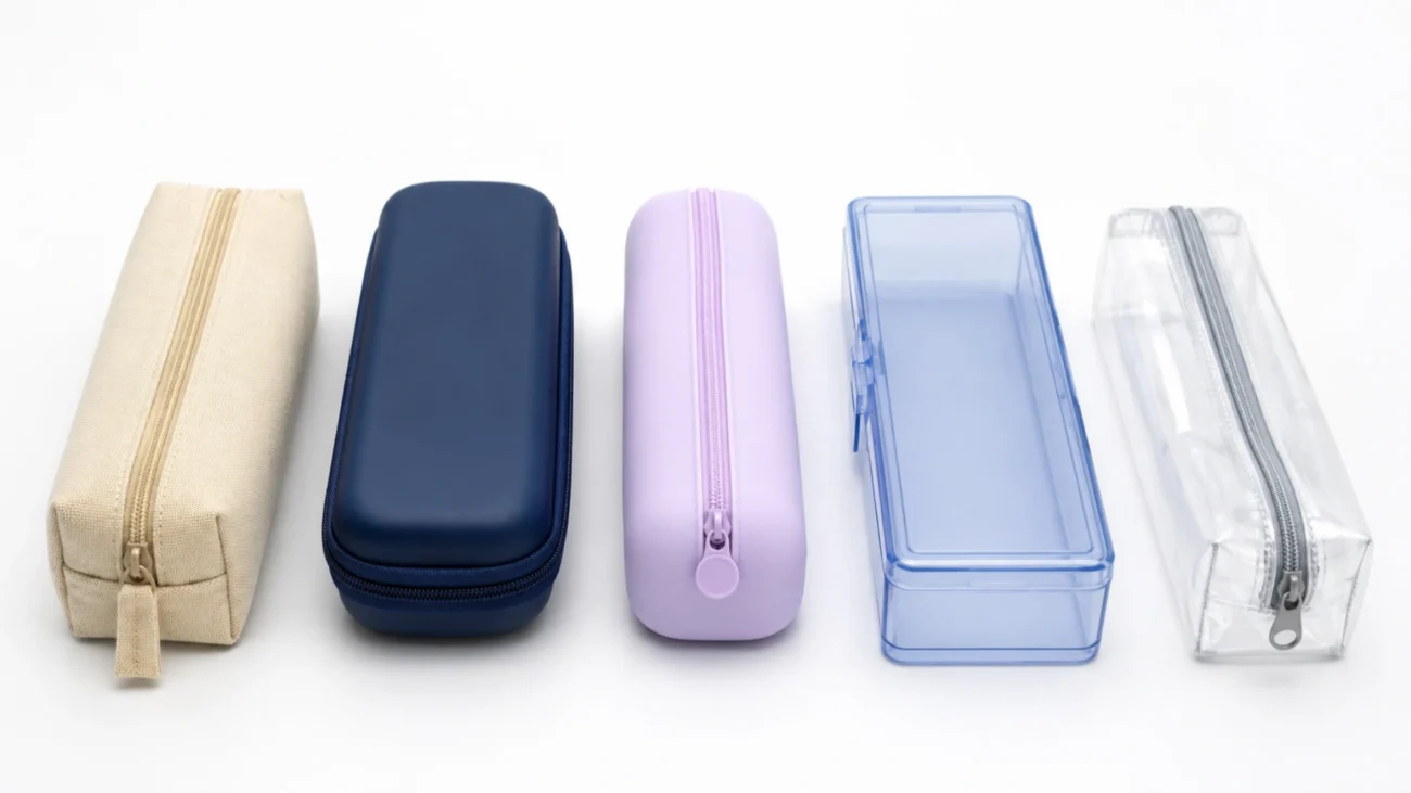 Canvas, EVA hard-shell, silicone, plastic, and transparent pencil cases displayed side by side.