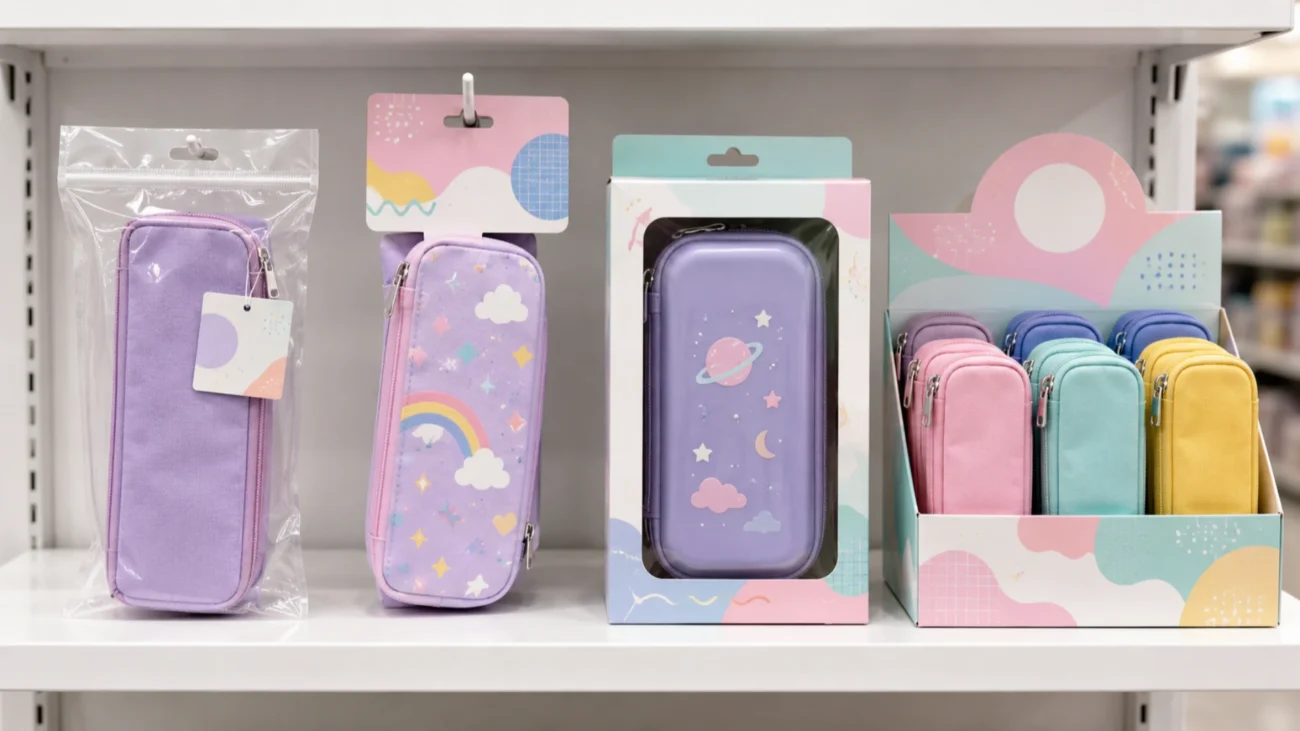 Kids pencil cases shown in a polybag, hanging header card, window box, and countertop display package.