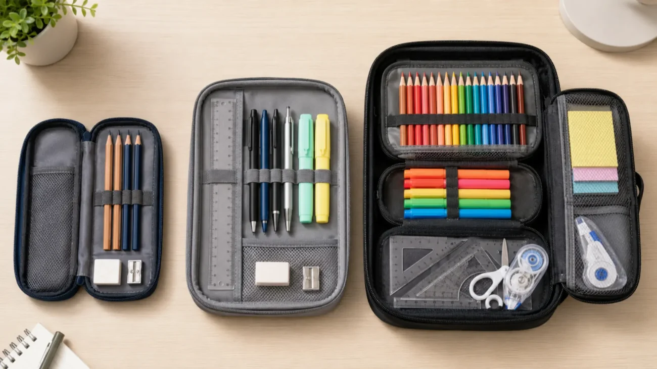 Compact, standard, and large-capacity pencil cases shown open with different amounts of school stationery.