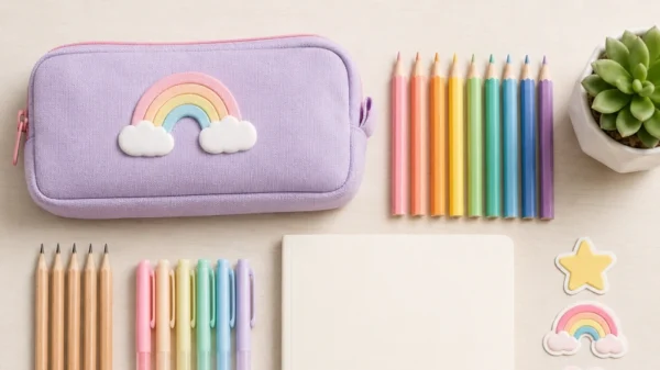 A colorful kids stationery set with pencils, pens, erasers, ruler, stickers, notebook, and a matching pencil case.