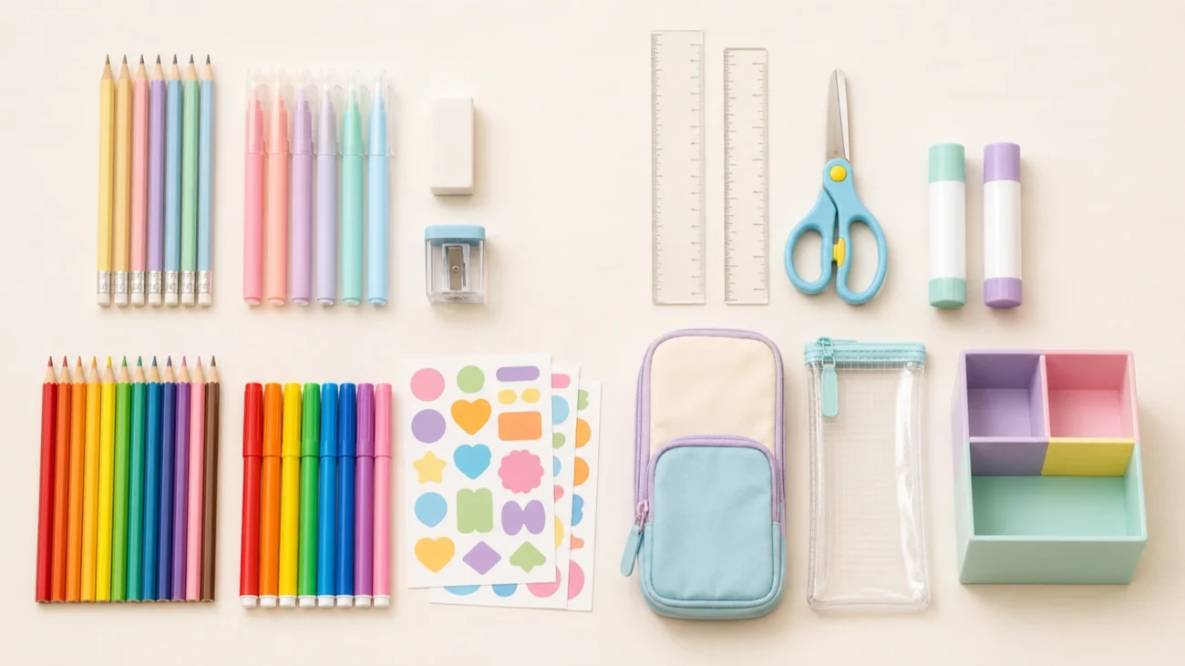 Writing tools, classroom supplies, creative materials, and storage products arranged as parts of a kids stationery set.