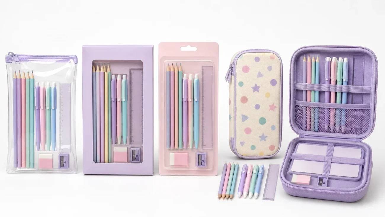 Kids stationery sets shown in a transparent pouch, window box, hanging pack, fabric case, and rigid storage case.