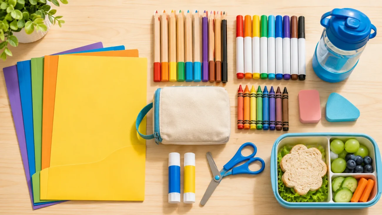 School Supplies List by Grade: Preschool, Kindergarten, Elementary School, and Middle School Kindergarten school supplies with thick pencils, folders, washable markers, pencil case, lunch box, and water bottle