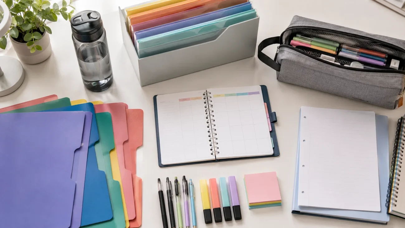 School Supplies List by Grade: Preschool, Kindergarten, Elementary School, and Middle School Middle school organization supplies with subject folders, highlighters, planner, sticky notes, pens, and document organizer