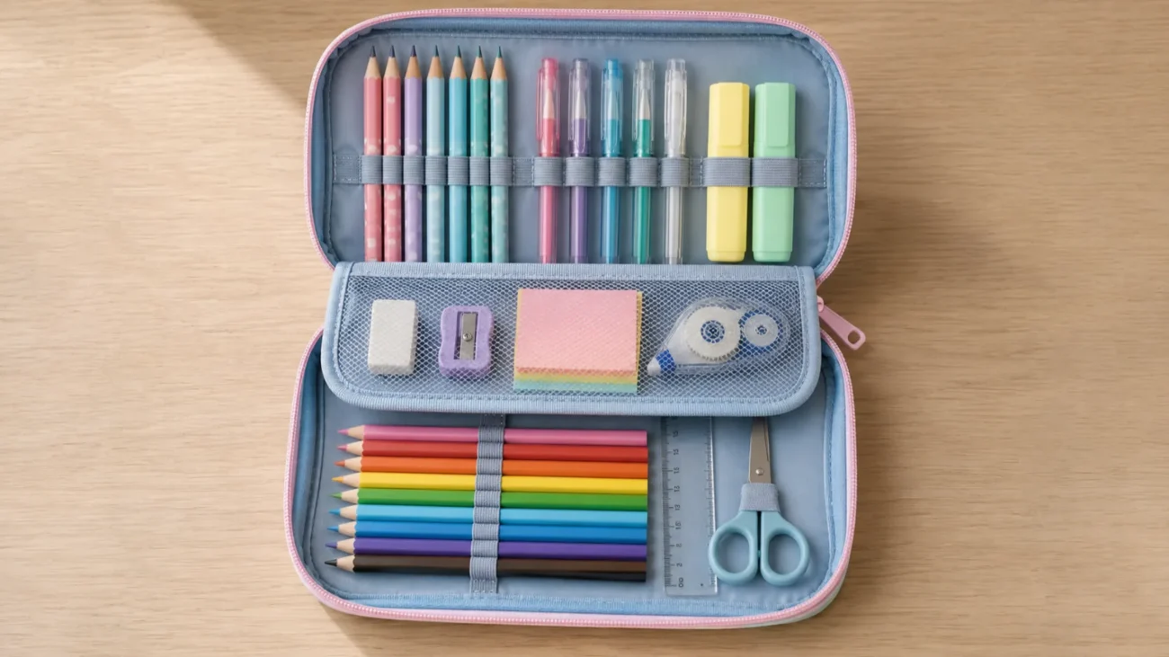 Open multi-compartment kids pencil case with elastic pen loops, mesh pockets, and organized school supplies.