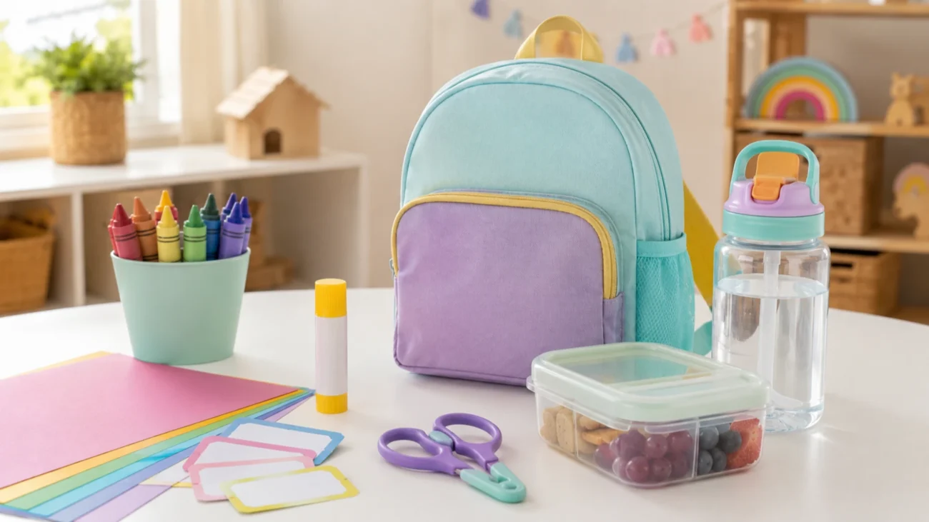 School Supplies List by Grade: Preschool, Kindergarten, Elementary School, and Middle School Preschool safe school supplies with large crayons, safety scissors, glue stick, small backpack, and water bottle