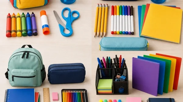School supplies list by grade with preschool, kindergarten, elementary, and middle school supplies on a bright desk