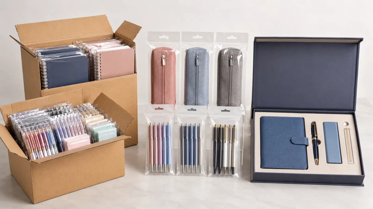 Hands checking print quality, paper thickness, binding, and packaging of wholesale stationery samples