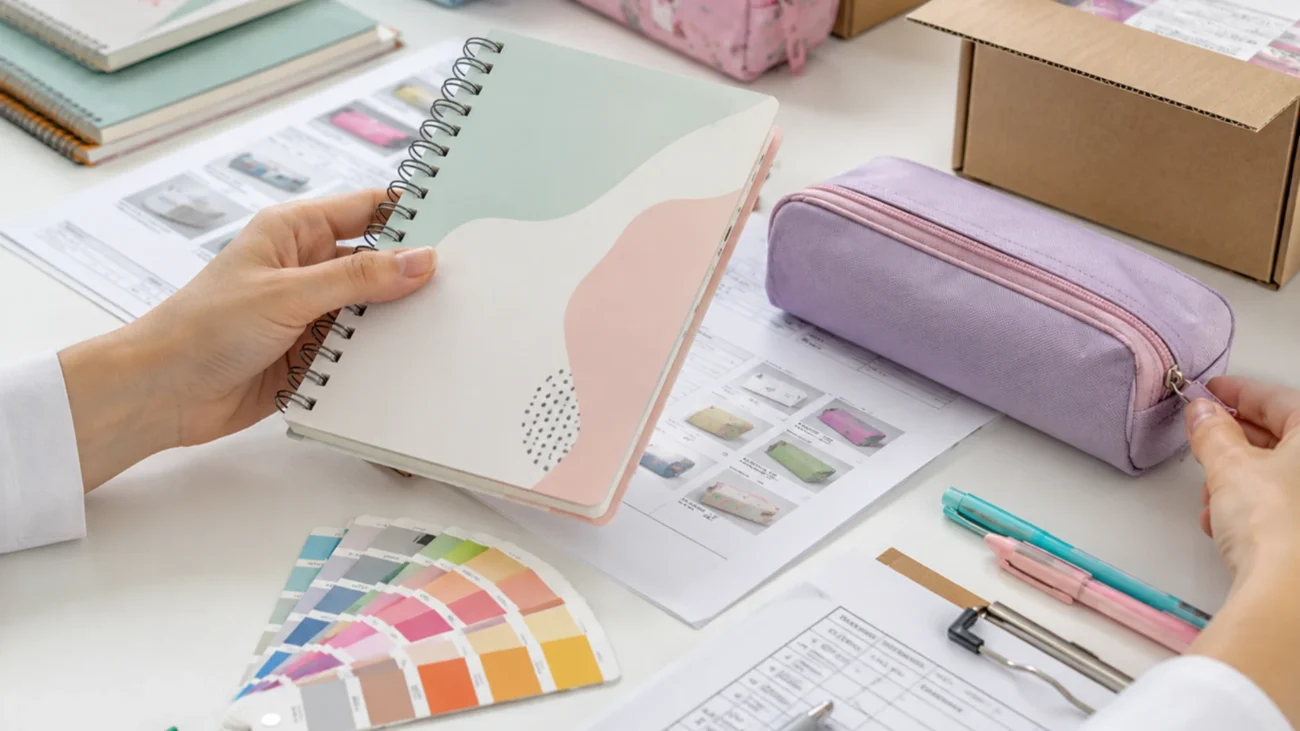 Hands checking print quality, paper thickness, binding, and packaging of wholesale stationery samples