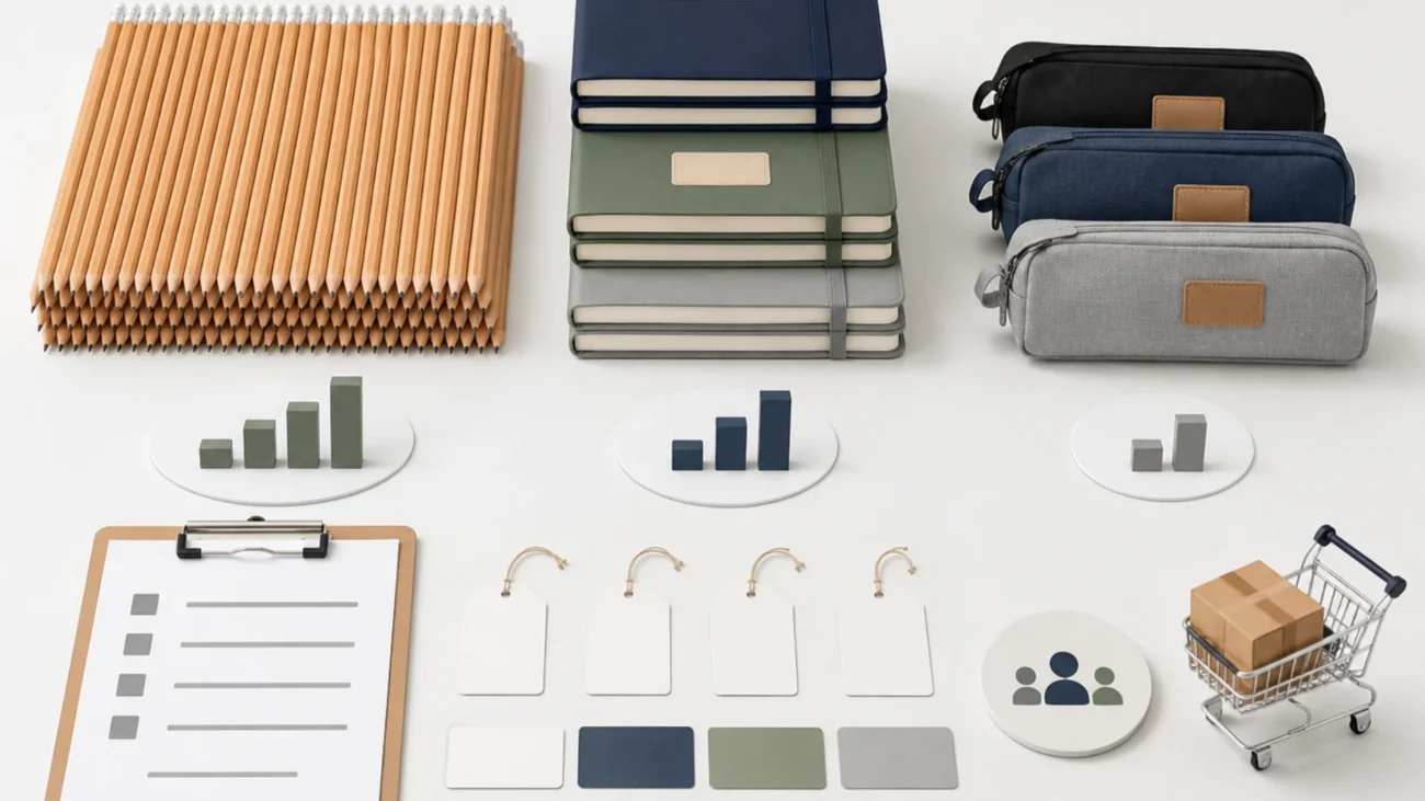 Visual comparison of minimum order quantity for bulk stationery supplies such as pencils, notebooks, and pencil cases