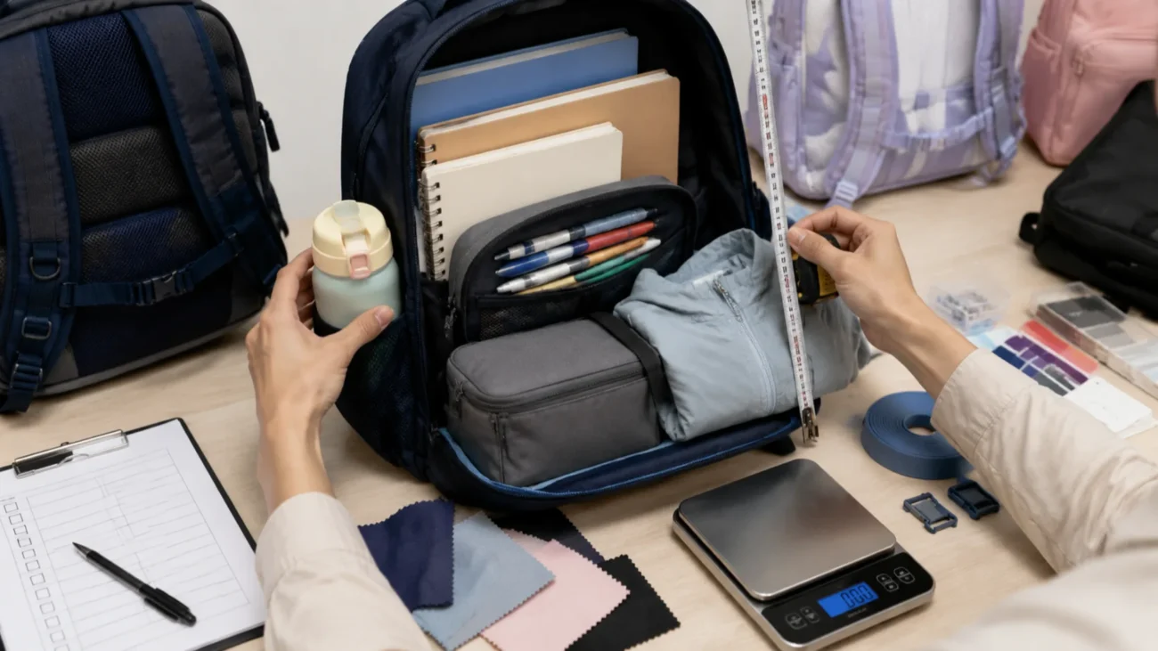 A buyer measuring and load-testing kids backpacks while checking straps, zippers, bottle pockets, and seams.