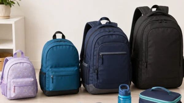 Preschool, elementary, multi-compartment, and large kids backpacks displayed with school supplies.