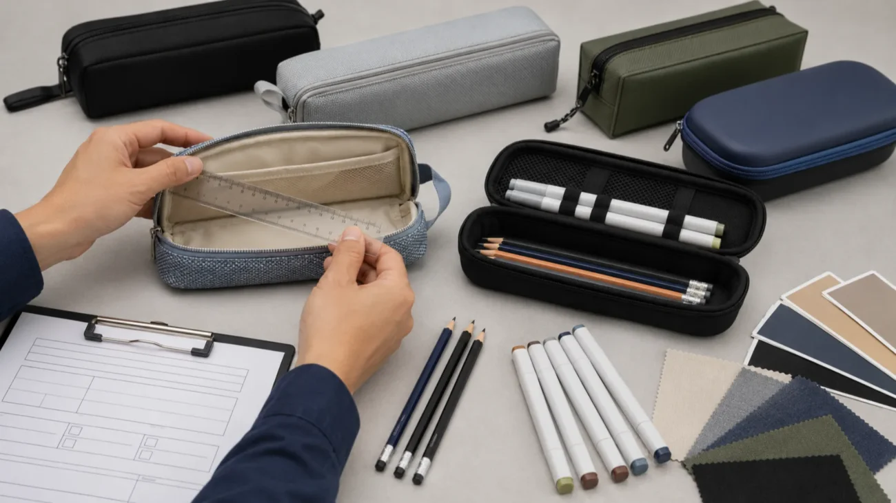 A buyer checking pencil case dimensions, zipper quality, stitching, capacity, and printed design before a wholesale order.