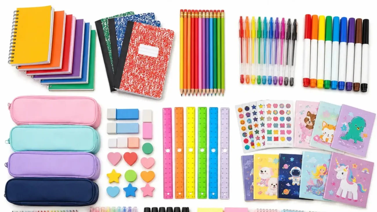 Colorful wholesale stationery supplies including notebooks, pencils, markers, pencil cases, stickers, and coloring books