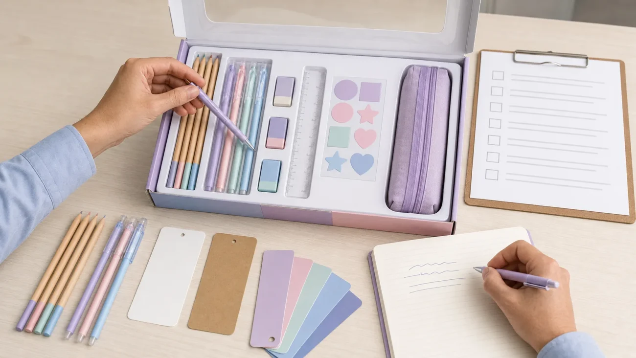 A buyer checking the contents, colors, packaging, and writing performance of a wholesale stationery set sample.