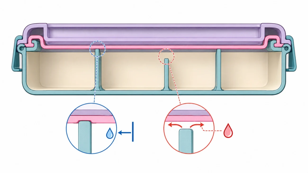 Cross-section of a bento lunch box showing the lid, silicone gasket, and compartment dividers.