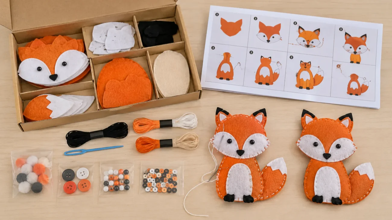 Open craft kit with organized materials and step-by-step illustrated instructions beside the project.
