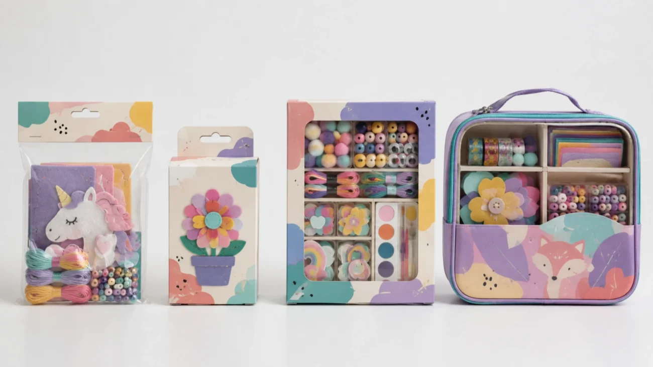 Header card bag, folding carton, window box, and reusable carry case packaging for kids craft kits.