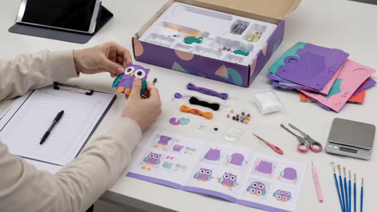 Buyer checking craft kit components, instructions, tools, consumables, and finished project during sample testing.