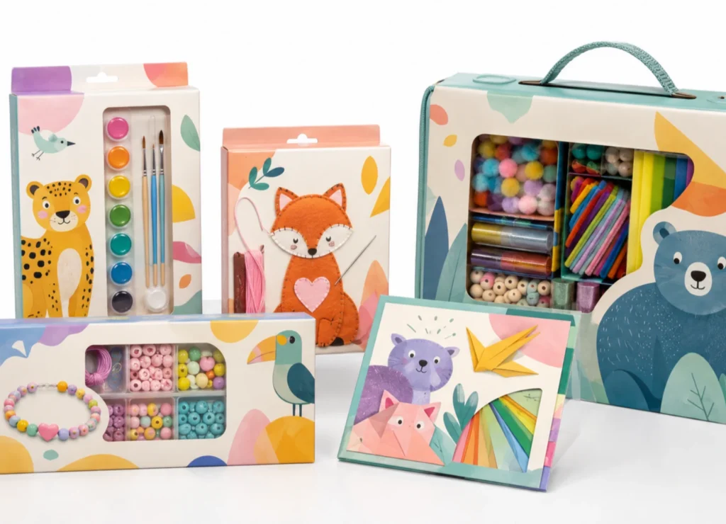 Assorted kids craft kits including painting, sewing, bead, and activity kits displayed for retail selection.