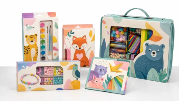 Assorted kids craft kits including painting, sewing, bead, and activity kits displayed for retail selection.