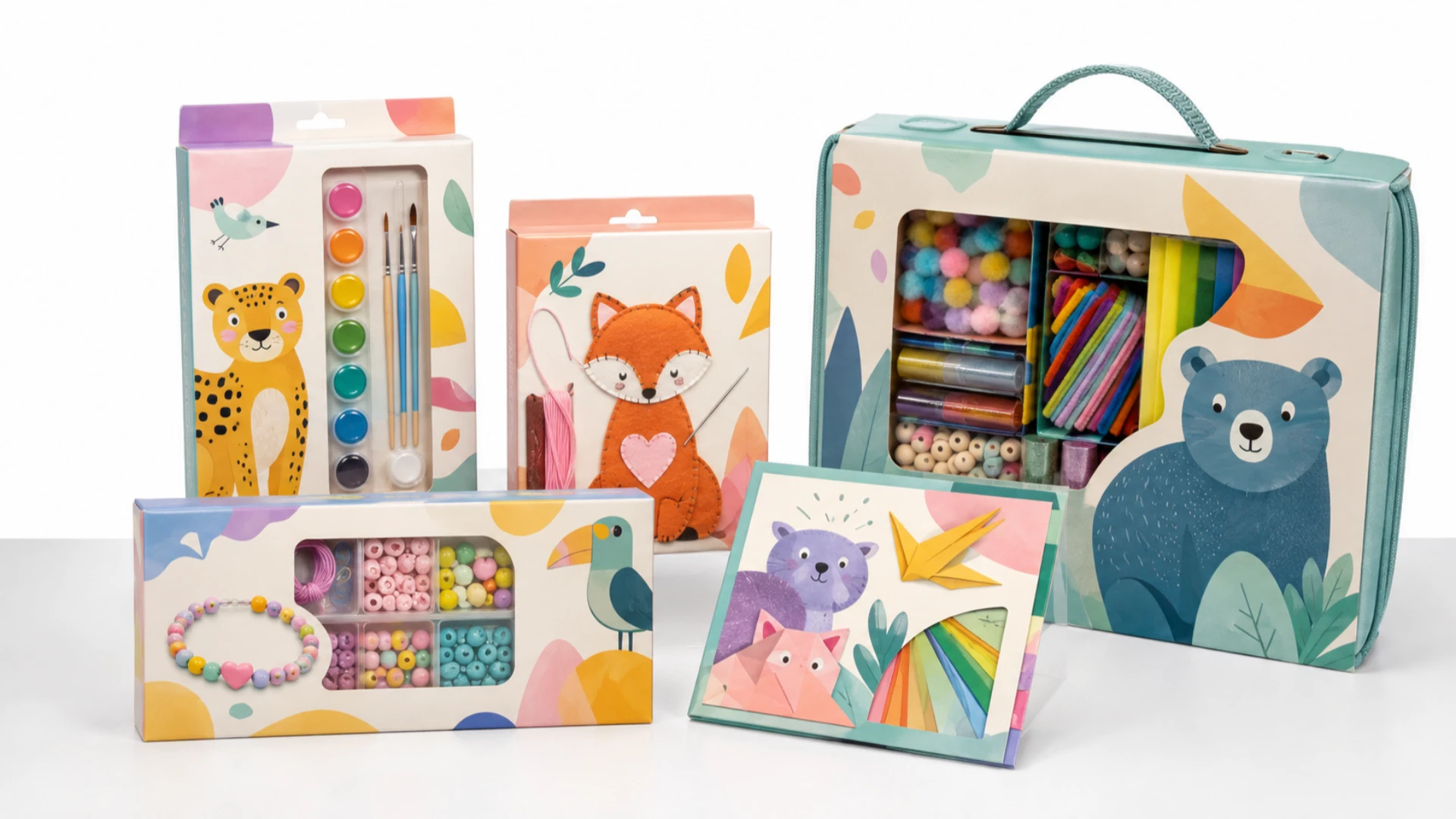 Assorted kids craft kits including painting, sewing, bead, and activity kits displayed for retail selection.