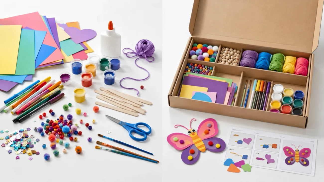 Loose paper, paint, beads, and tools compared with an organized complete kids craft kit.